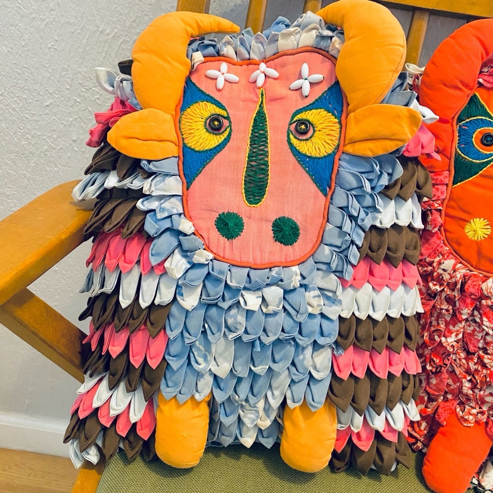 Vintage Handmade Folk Art Ox Pillow